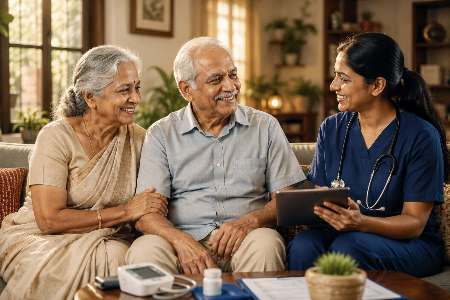 Young Indian caregiver helping elderly man at home